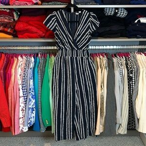 Dolan navy/white stripes short sleeve smocked waistband v neck jumpsuit size SP